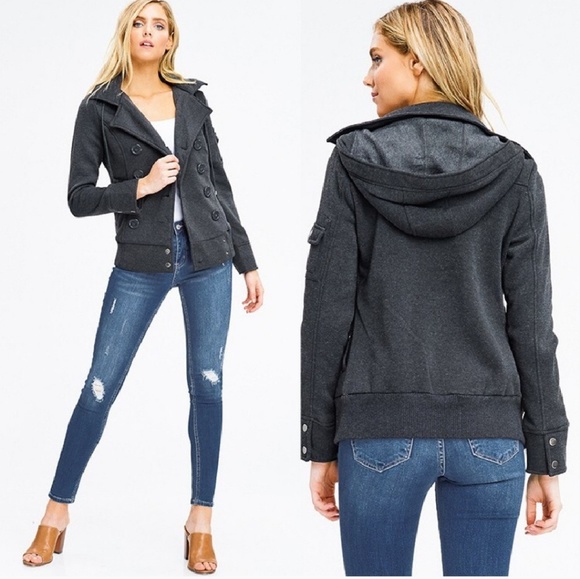 Military/Moto Charcoal Lined Jacket w Hood - Picture 2 of 8